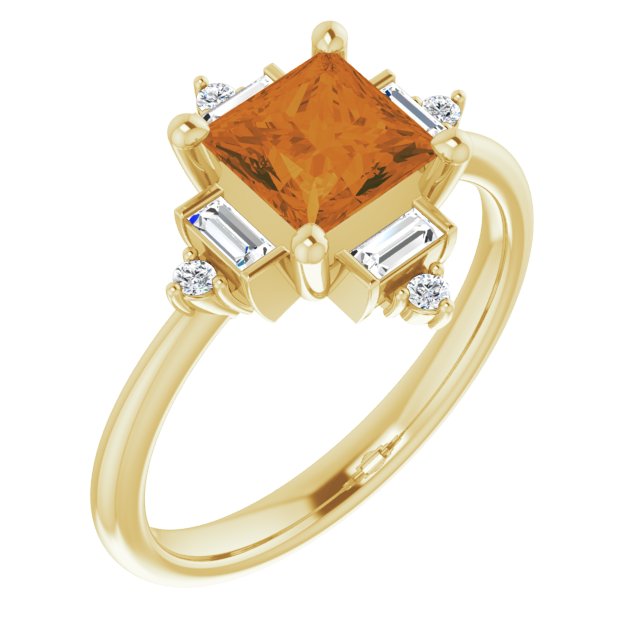 Anillo de oro amarillo, 14k, citrino natural, diamantes naturales