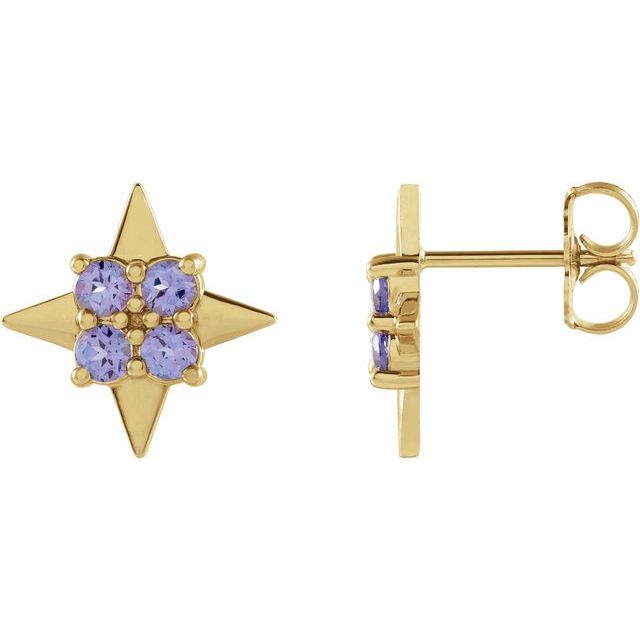 Aretes de oro amarillo de 14k con Tanzanita natural.