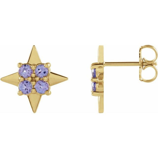 Aretes de oro amarillo de 14k con Tanzanita natural.