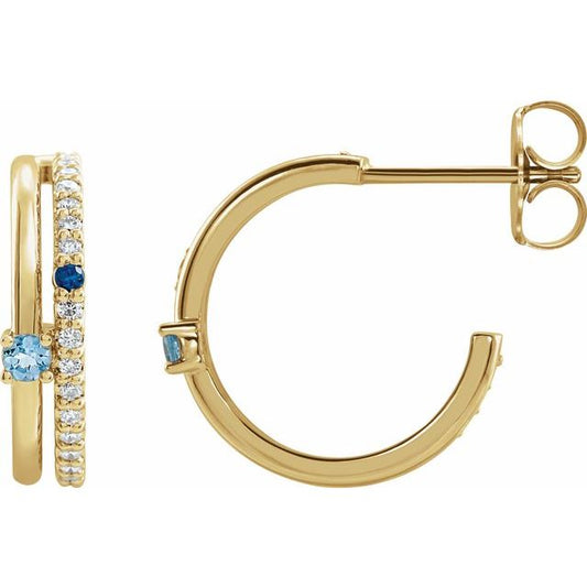 Hoops de oro amarillo de 14k con diamantes y aguamarinas naturales.